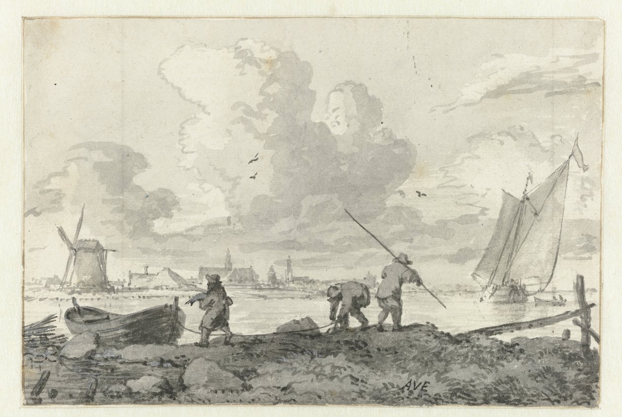 Fishermen with Their Rowboat on the Spaarne near Haarlem by Allaert van Everdingen