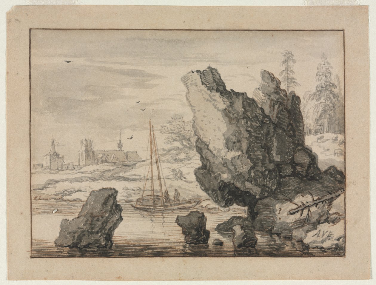 A Rocky Cove with Fishing Boats by Allart van Everdingen