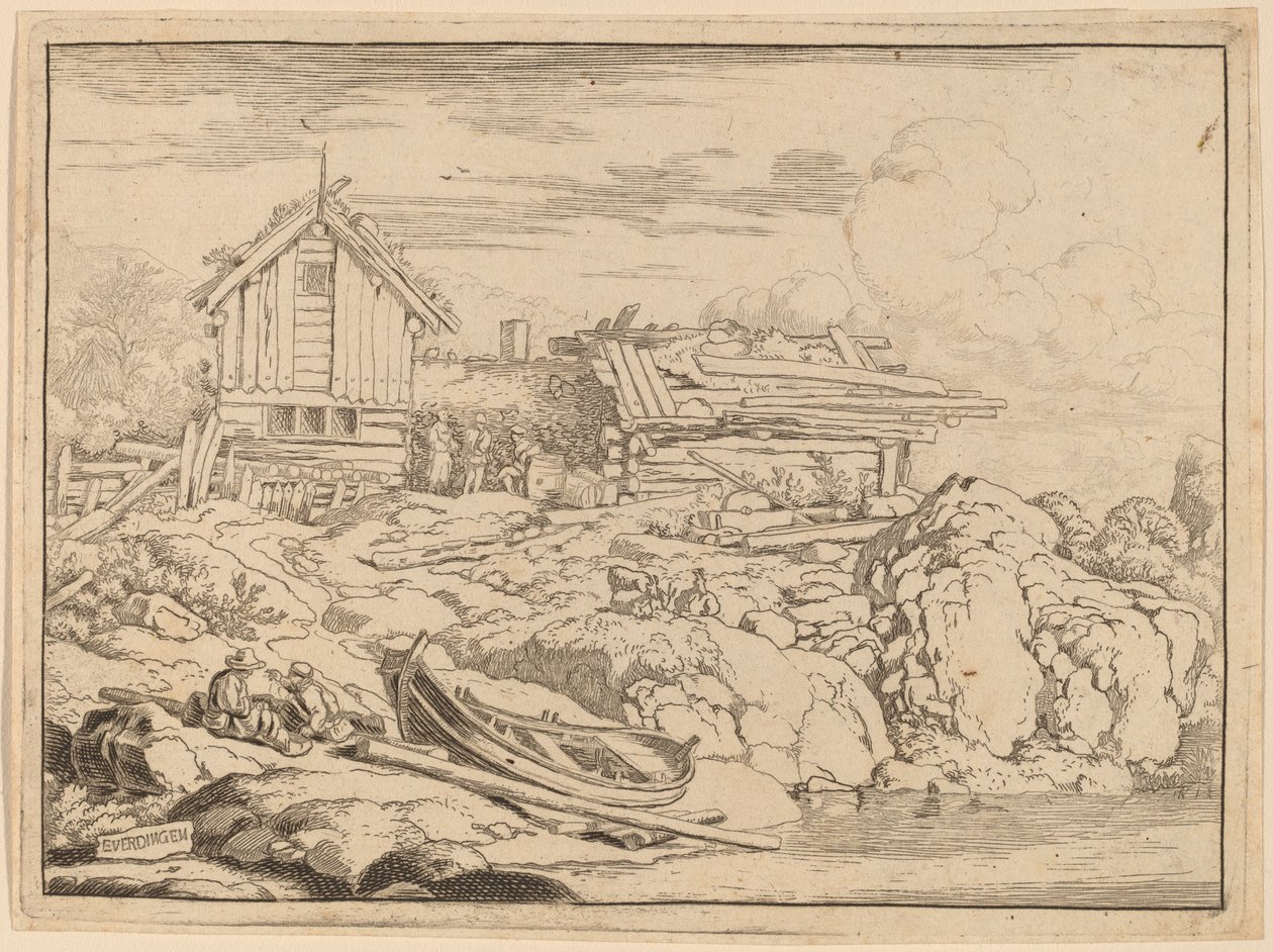 Boat at a River Bank with Three Goats by Allart van Everdingen