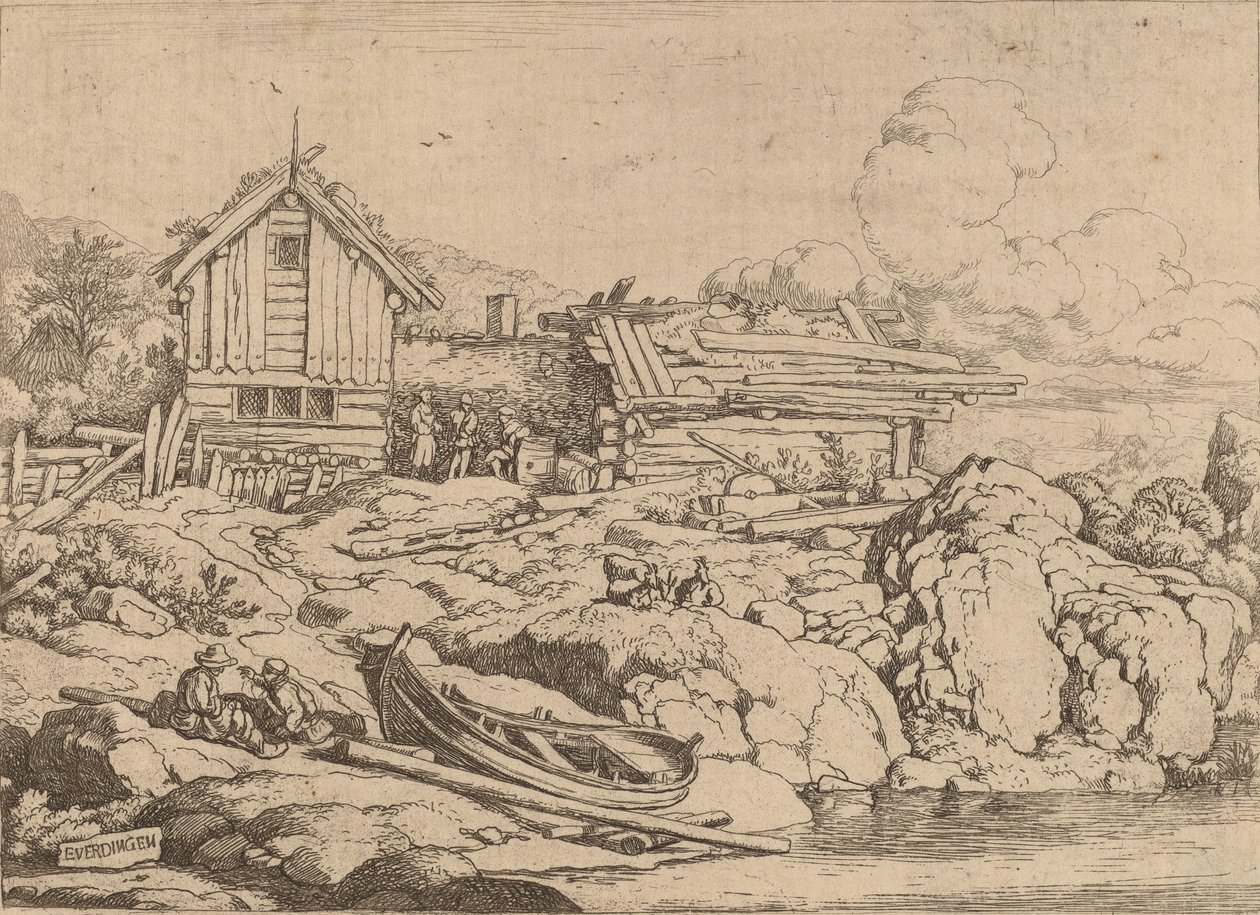 Boat at a River Bank with Three Goats by Allart van Everdingen