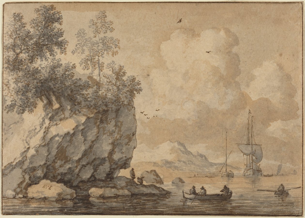 Figures in Rowing Boats in a Rocky Cove, Sailing Ships Beyond by Allart van Everdingen