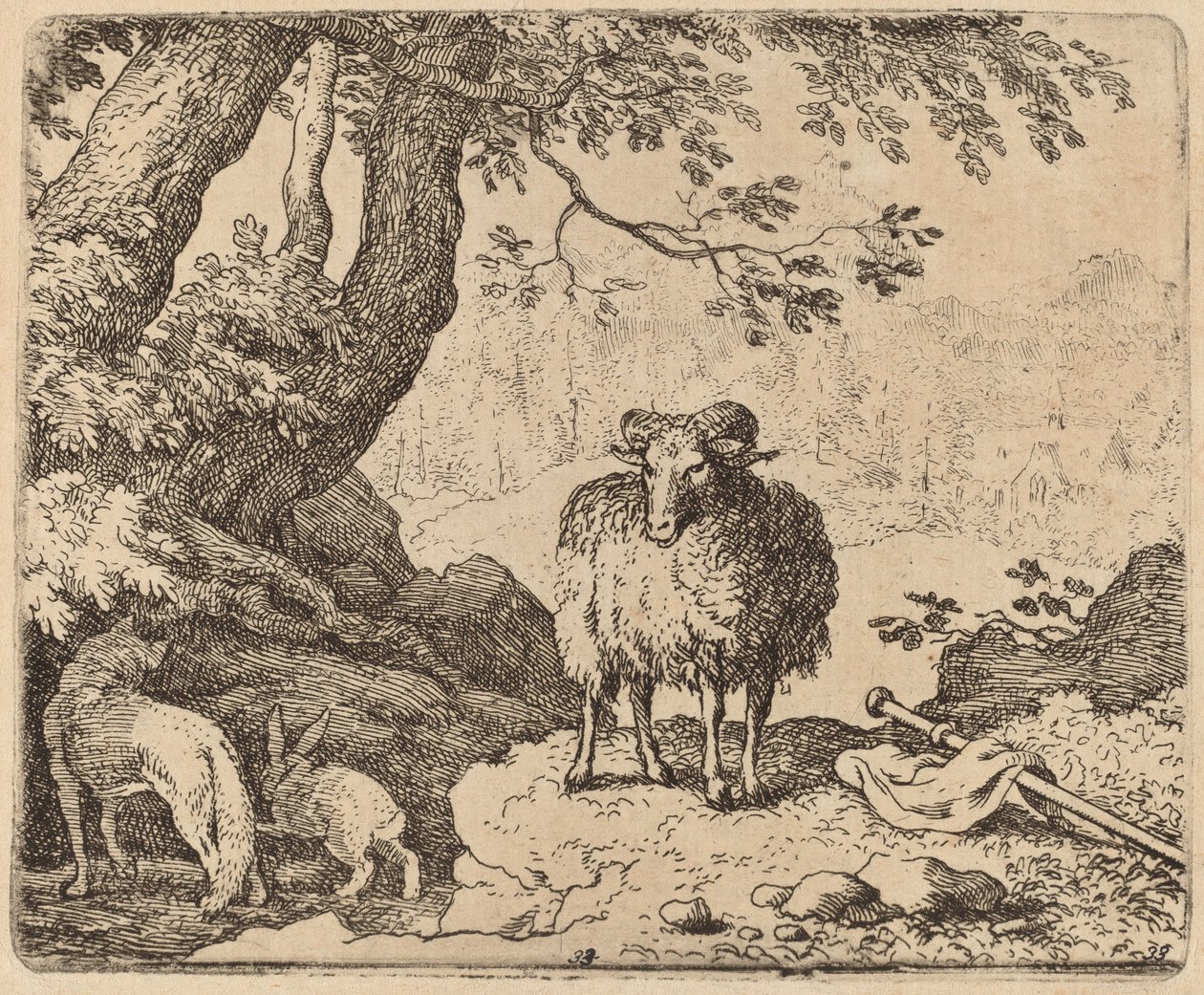 Reynard Returns Home, Accompanied by the Ram and the Rabbit by Allart van Everdingen