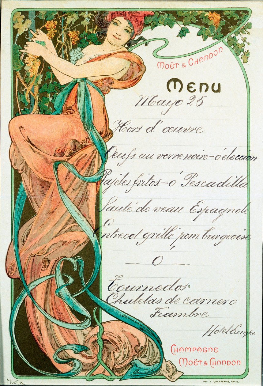 Menu Printed by Champagne Moet and Chandon for a French Specialty Meal. Illustration by Alphonse Mucha by Alphonse Mucha