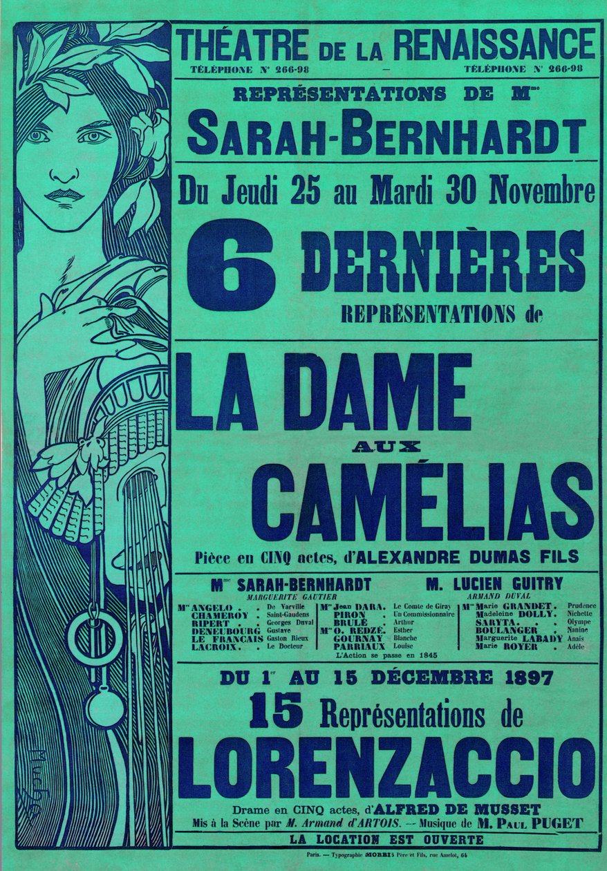 Poster Advertising La Dame aux Camelias by Alexandre Dumas, and Lorenzaccio by Alfred de Musset, Starring Sarah Bernhardt, Theatre du Renaissance, Paris by Alphonse Mucha