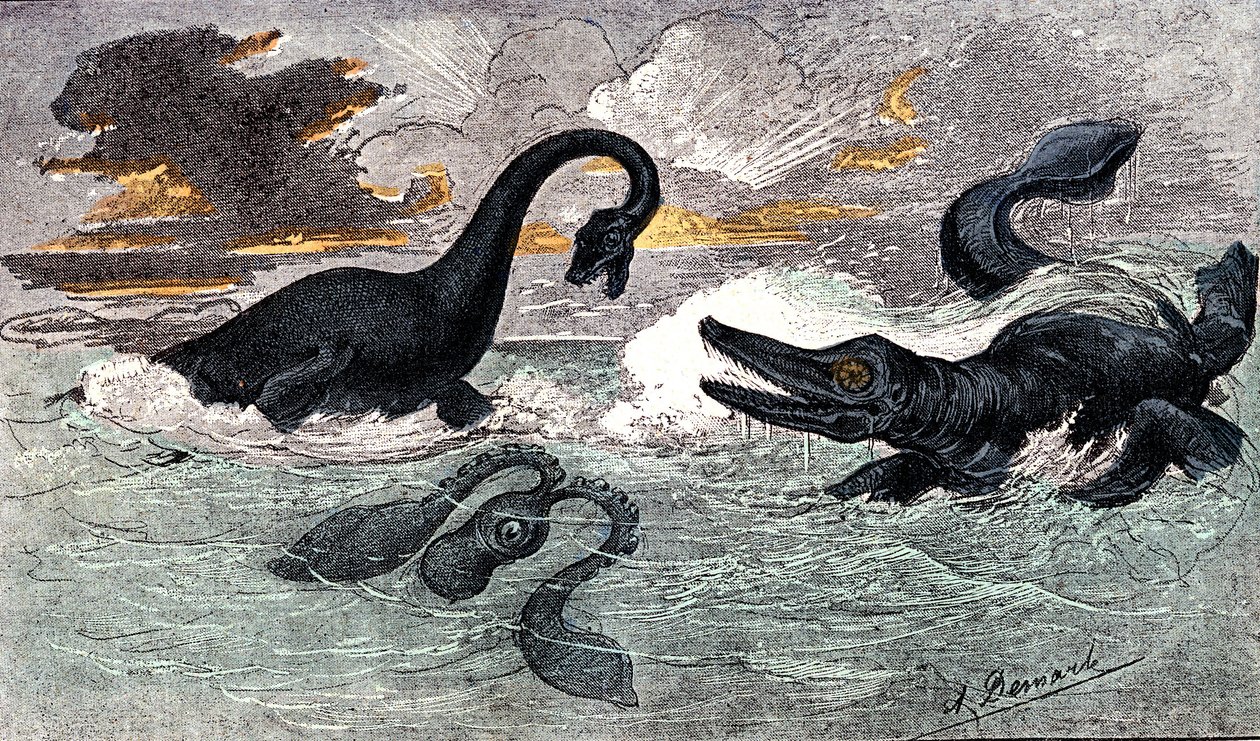 Lias Period (Lower Jurassic): Plesiosaur and Ichtyosaur by Alphonse Demarle