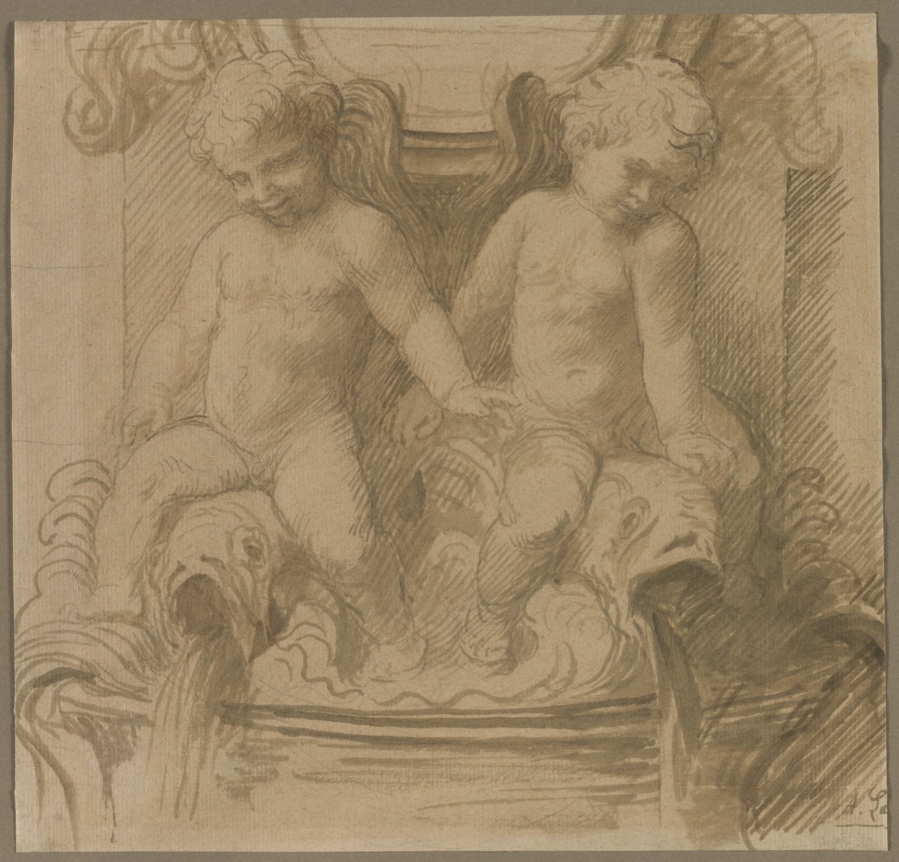 Fountain with Putti Riding Dolphins by Alphonse Legros