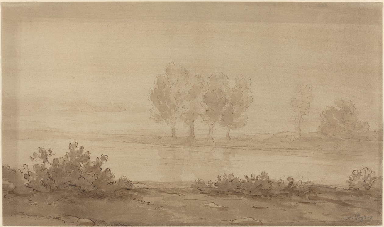 Landscape - Four Trees beyond a River by Alphonse Legros
