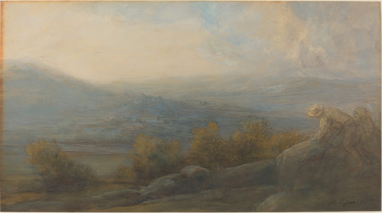 Mountain Landscape with Two Figures at the Right by Alphonse Legros