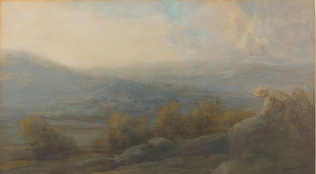 Mountain Landscape with Two Figures at the Right by Alphonse Legros