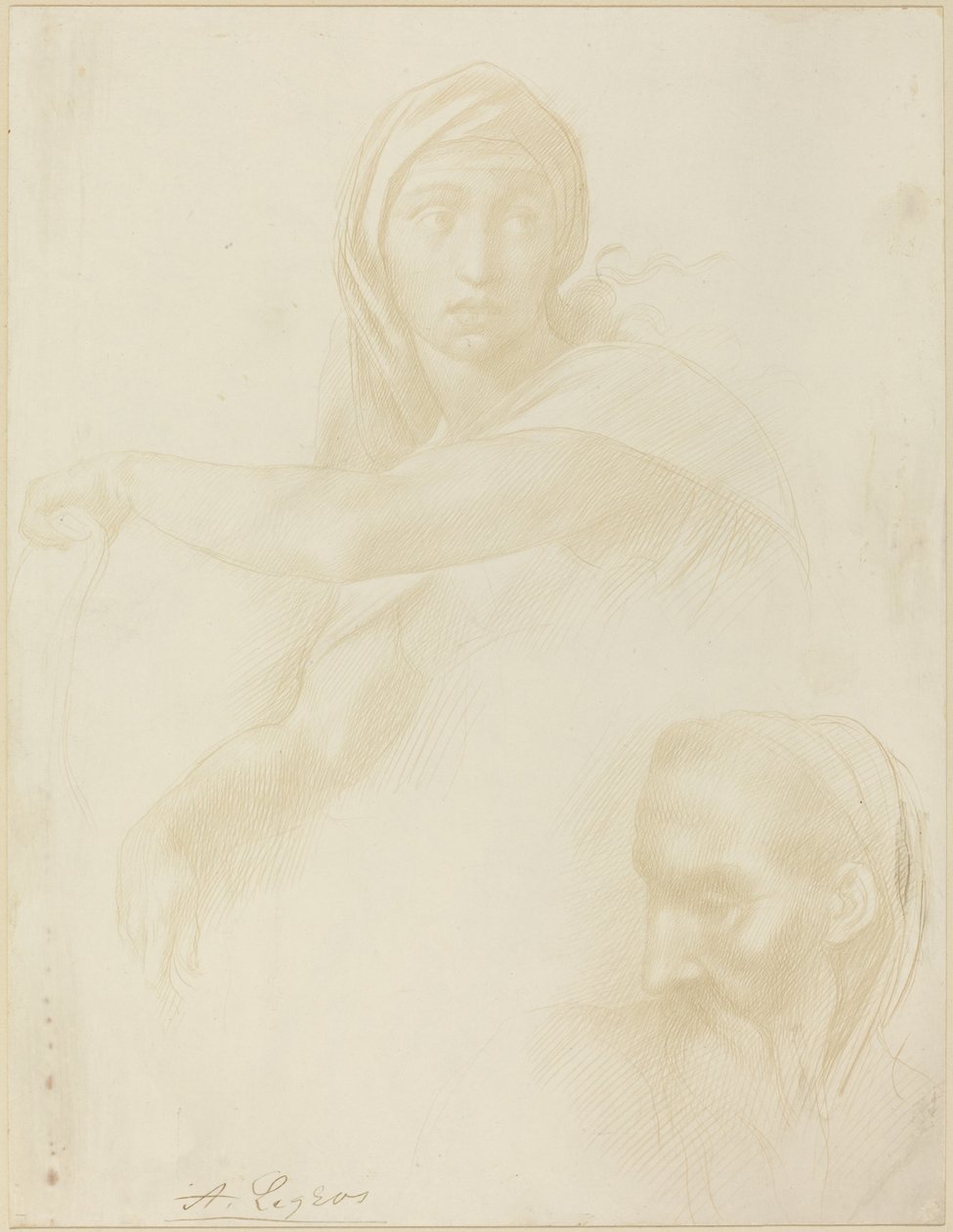 Study of Delphic Sibyl; Head of a Man by Alphonse Legros after Michelangelo