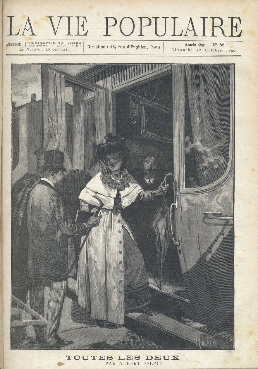 Farewell between a man and a woman getting on a train on the platform of a station. Illustration by Alfons Maria Mucha (Alphonse Marie Mucha) by Alphonse Mucha