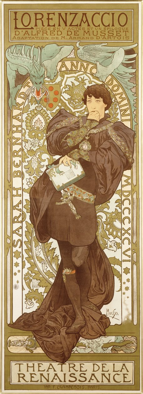 Lorenzaccio, Depicting the Standing Figure of Sarah Bernhardt in the Role by Alphonse Mucha