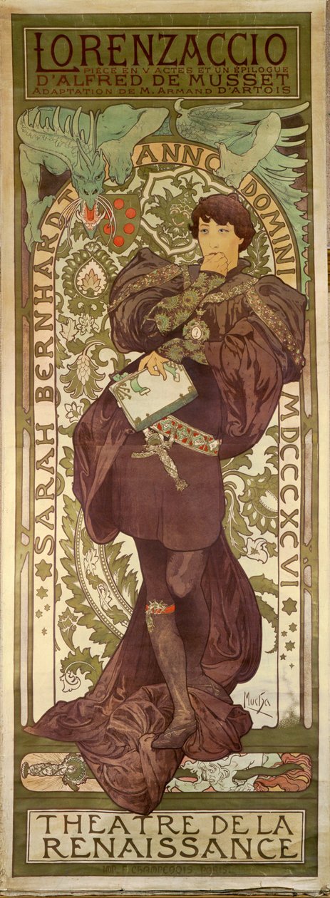 Lorenzaccio with Actress Sarah Bernhardt, Play by Alfred de Musset by Alphonse Marie Mucha