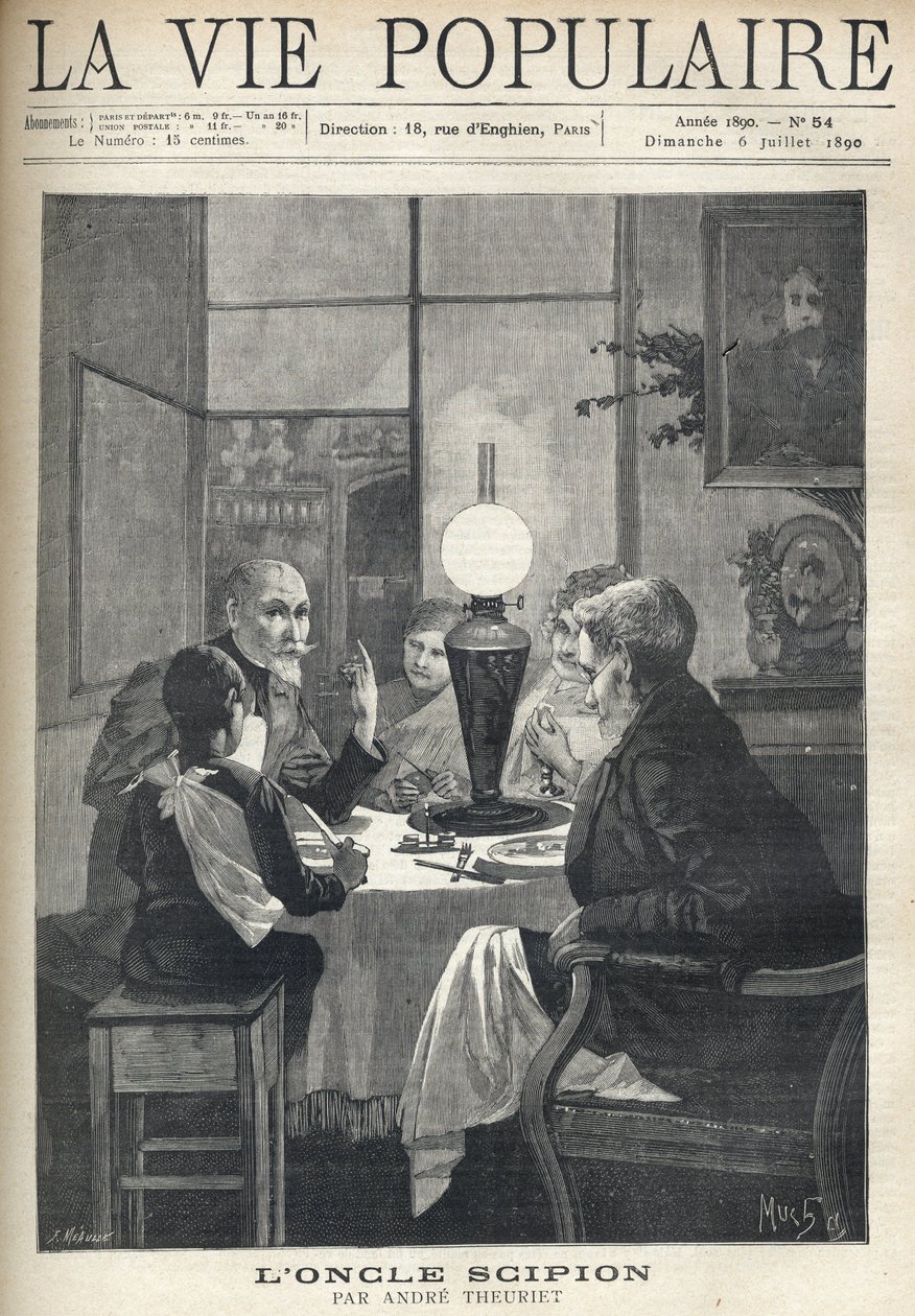 Scene of family life: around the dinner table, a family is gathered together, illuminated by an oil lamp, and listens carefully to a visiting uncle, with bright eyes and hand marking the highlights of his story. Illustration by Alfons Maria Mucha by Alphonse Mucha