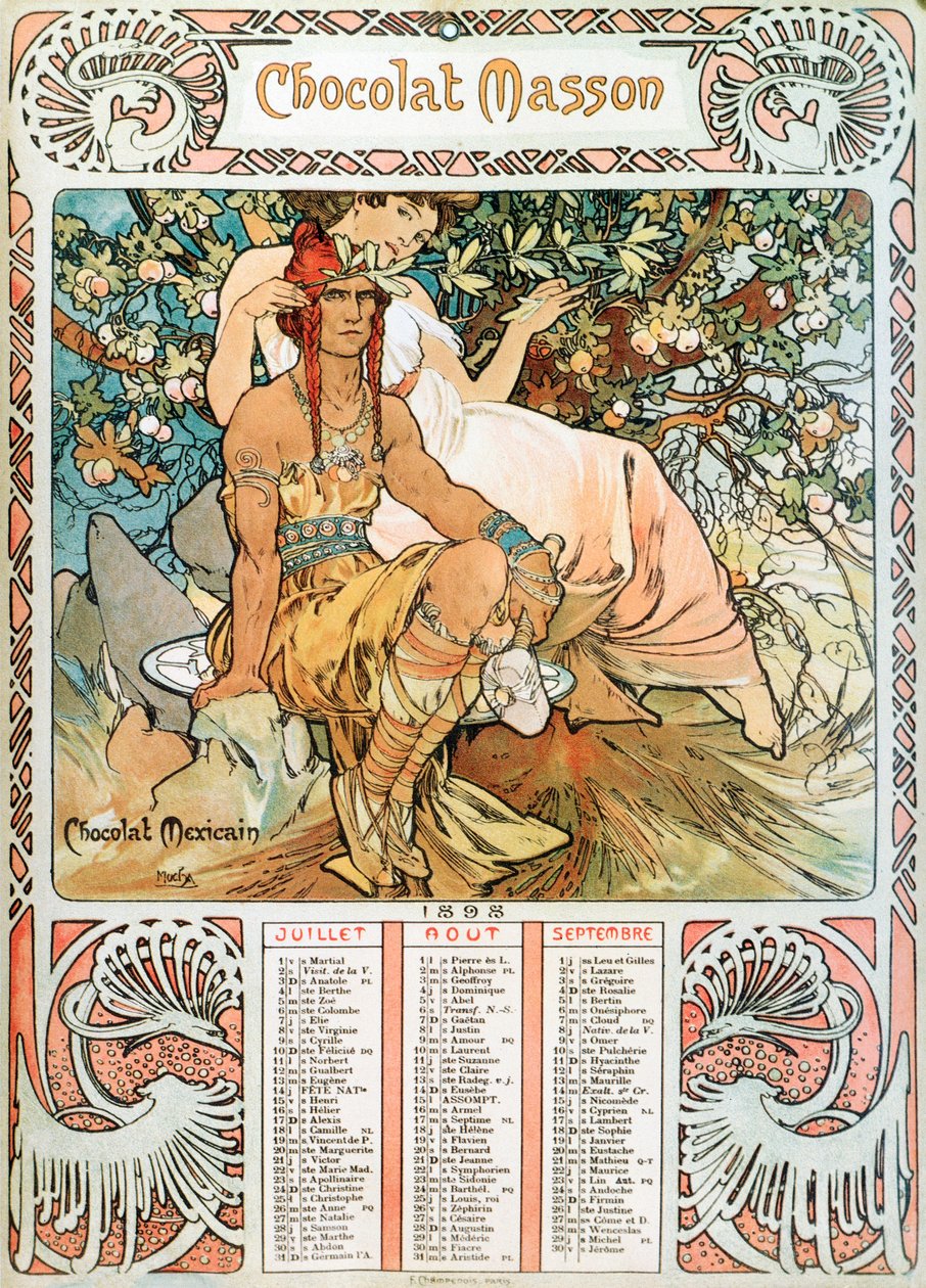 Adult Calendar page of the year 1898 decorated with an advertising illustration for the chocolates Masson 