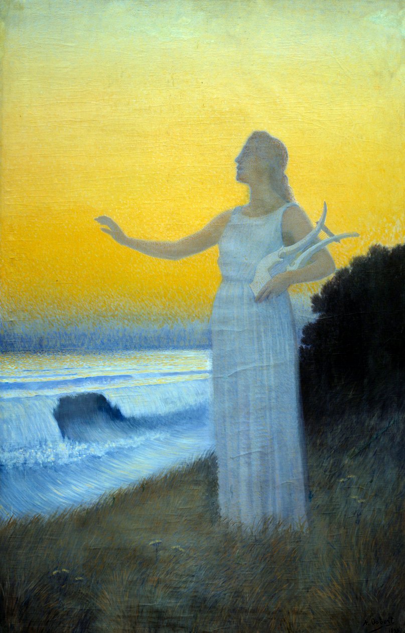 Anthem to the Sea Young woman holding a lyre facing the sea. Character evoking the Greek poetess of Antiquite Sapho. Painting by Alphonse Osbert (1857-1939) 1900 Private Collection by Alphonse Osbert