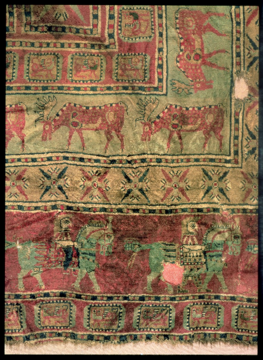 Pile carpet depicting horses and riders, fallow deer and griffins, from the Pazyryk Burial Mounds, 5th-4th century BC by Altaic School