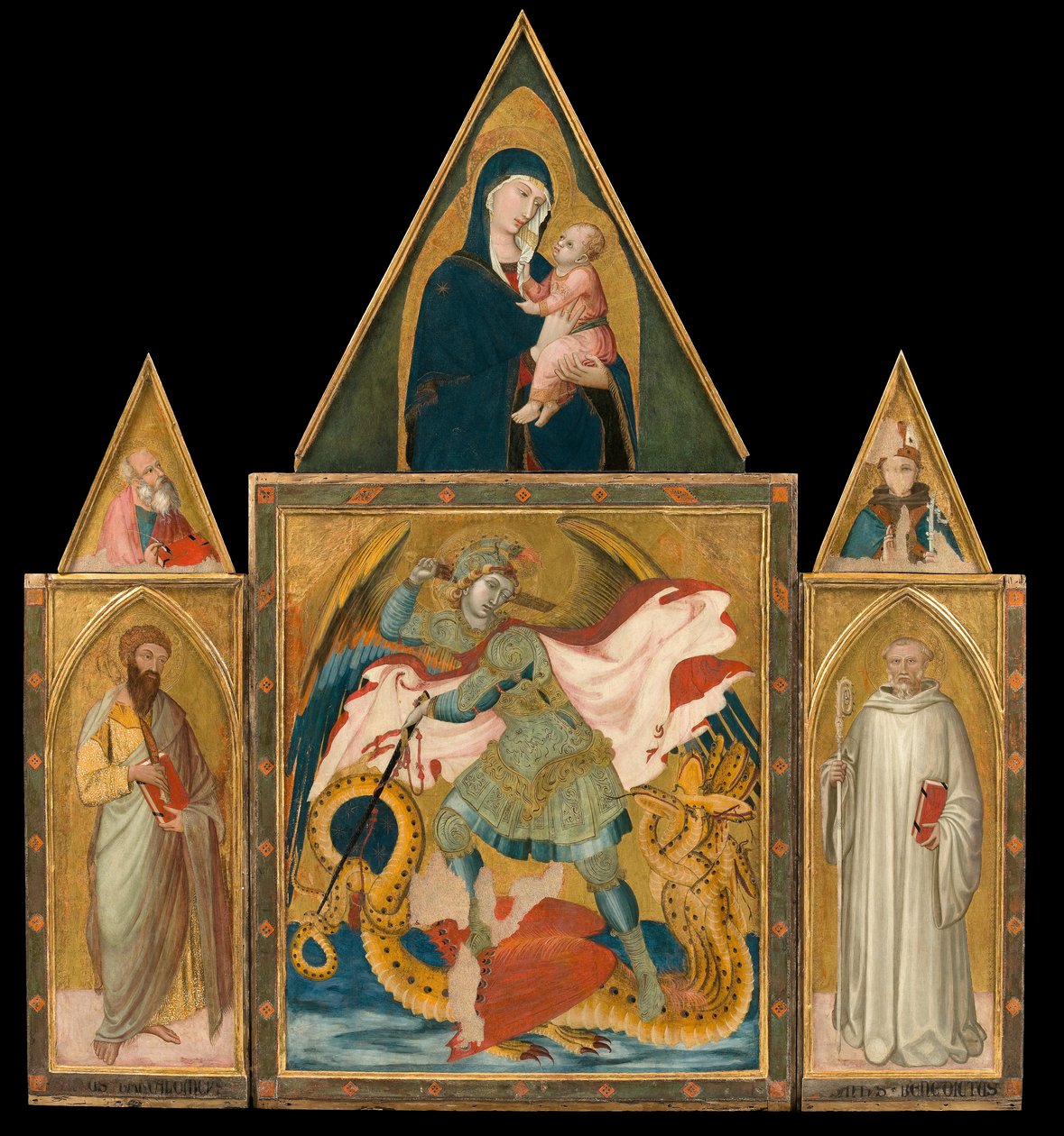 Rofeno Abbey Polyptych: Saint Michael the Archangel Slaying the Dragon between Saints Bartholomew by Ambrogio Lorenzetti