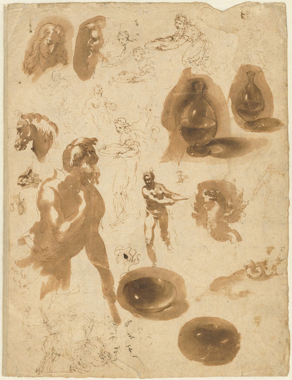 Studies of Glass Jars and Figures (recto) by Ambrogio Figino