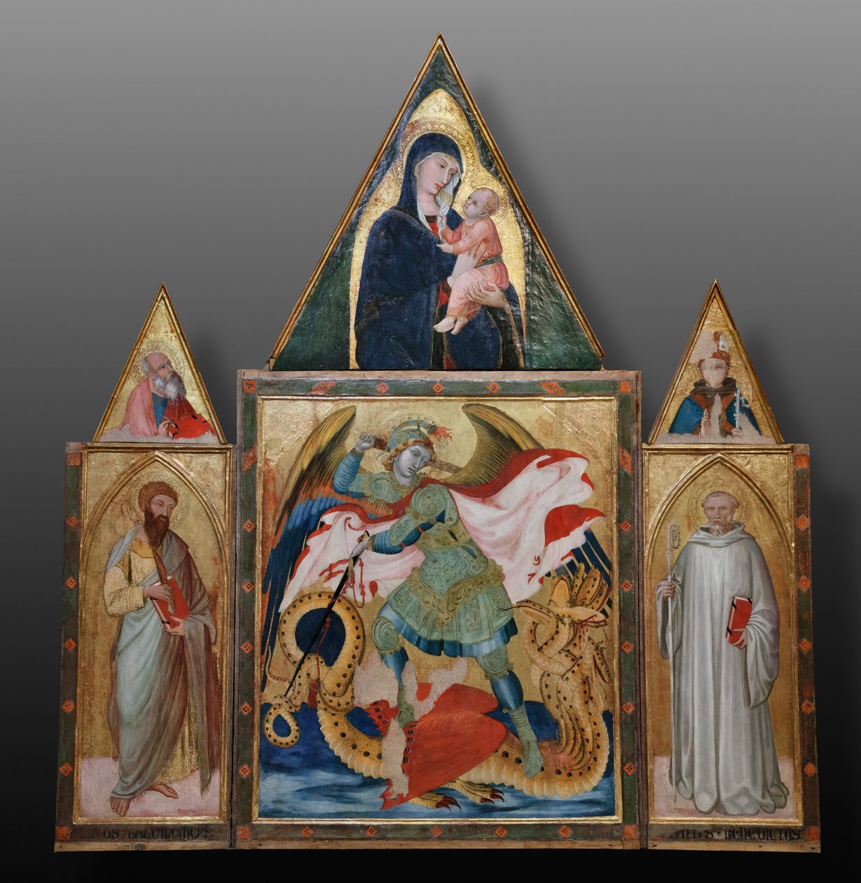 Saint Michael the Archangel slaying the dragon between Saints Benedict and Bartholomew by Ambrogio Lorenzetti