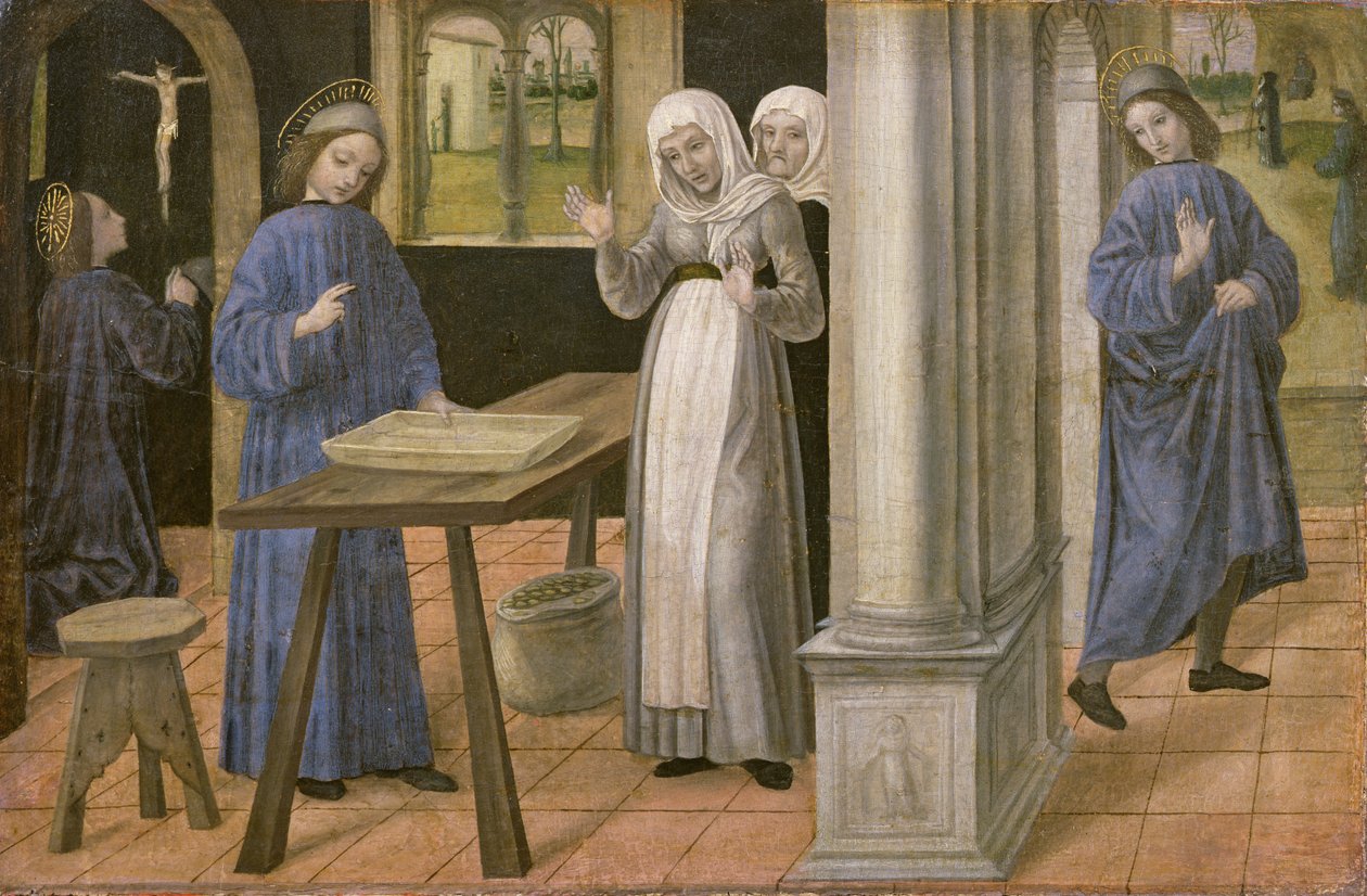 The Prayer, The Miracle of the Sieve and the Departure for Subiaco, predella panel from an altarpiece depicting Scenes from the Life of St. Benedict, 1488-95 by Ambrogio da Fossano