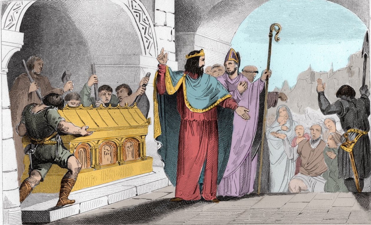 Clovis II (635-657) Selling Silver and Gold from the Shrine to Feed the Poor. Clovis II (635-657) to feed the poor made the gold and silver blades removed from the church of Saint-Denis. Engraving 1825 in 