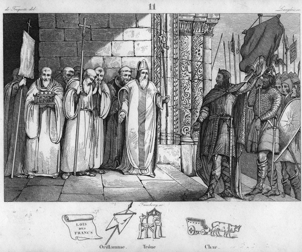 Dagobert 603 to 639 taking down the banner at St Denis - Dagobert I, king of the Francs, having created the abbey of Saint-Denis, has the oriflame deposited there around 634 - Engraving of 1825 in 