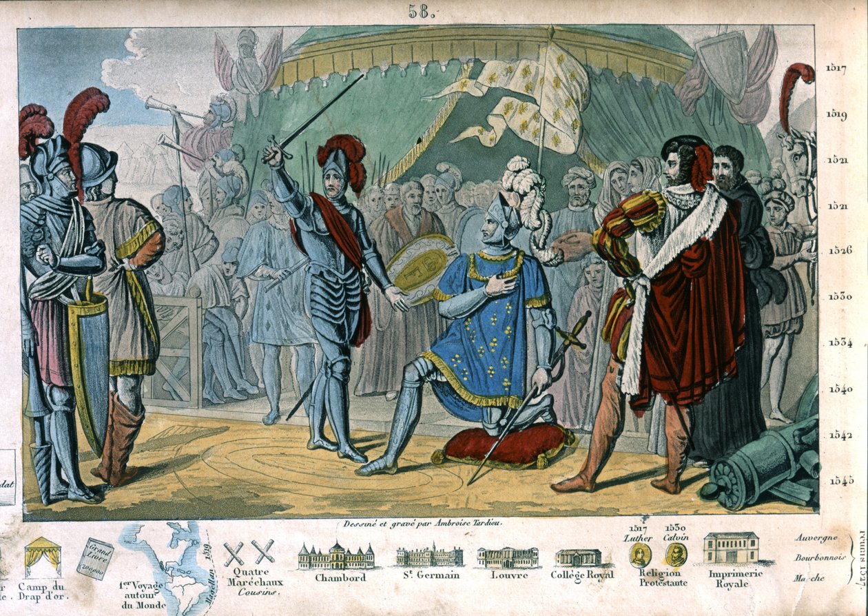 Francis I of France requesting to be knighted by the Chevalier Bayard after victory at the Battle of Marignano, Italy by Ambroise Tardieu
