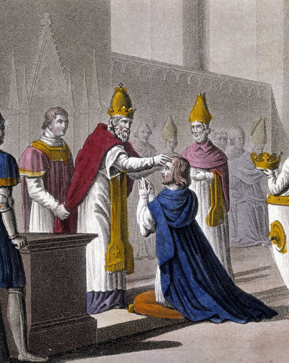 Louis II was consecrated a second time at the Council of Troyes by John VIII in 879 (detail). Designed and engraved by Ambroise Tardieu in 1825 by Ambroise Tardieu