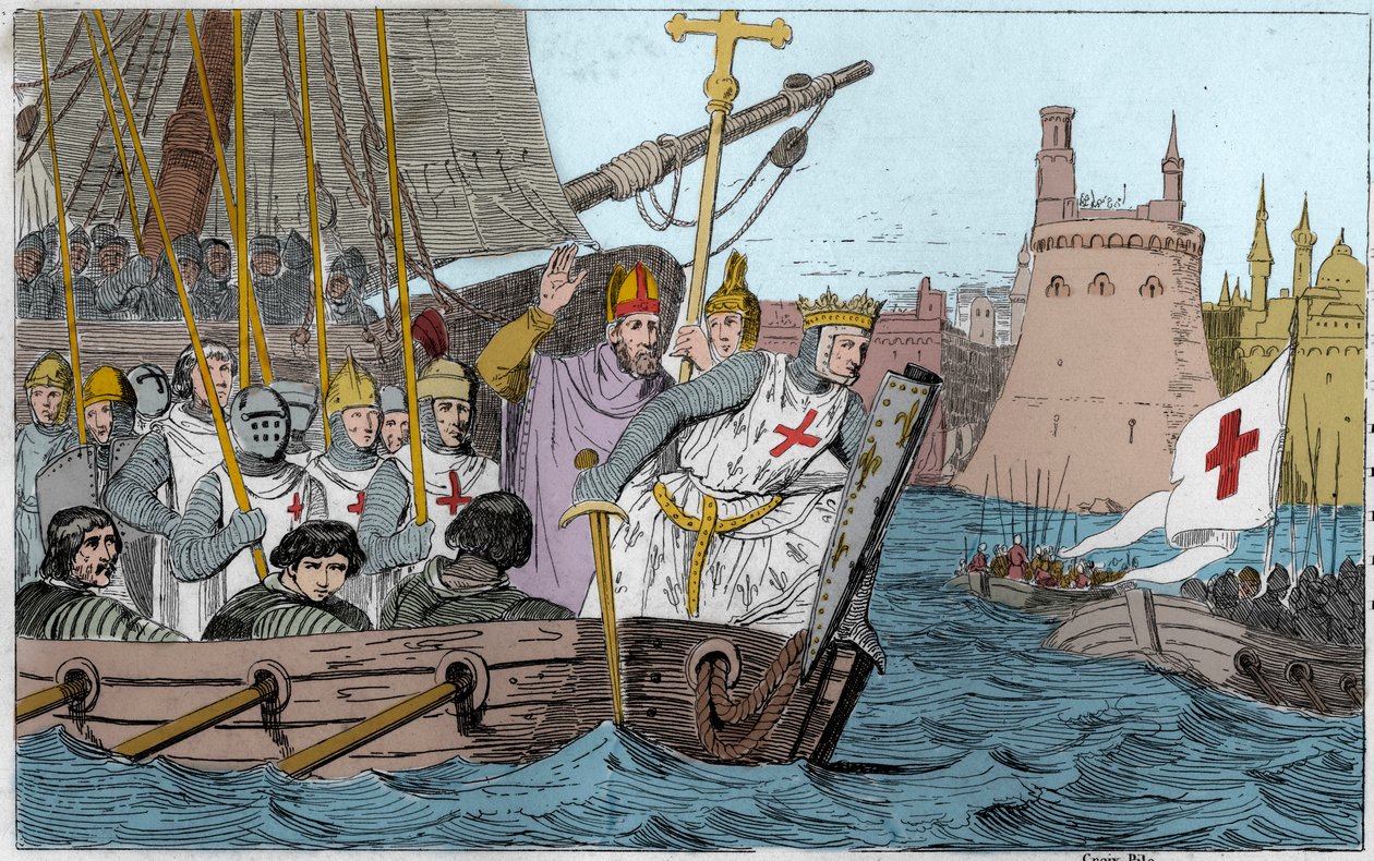 Seventh Crusade: King Saint Louis and the Crusaders besieging Damiette in June 1249 in Lower Egypt - Seventh Crusade to the Holy Land 1248-50 - Saint Louis IX leads his troops in battle - Engraving of 1825 in 