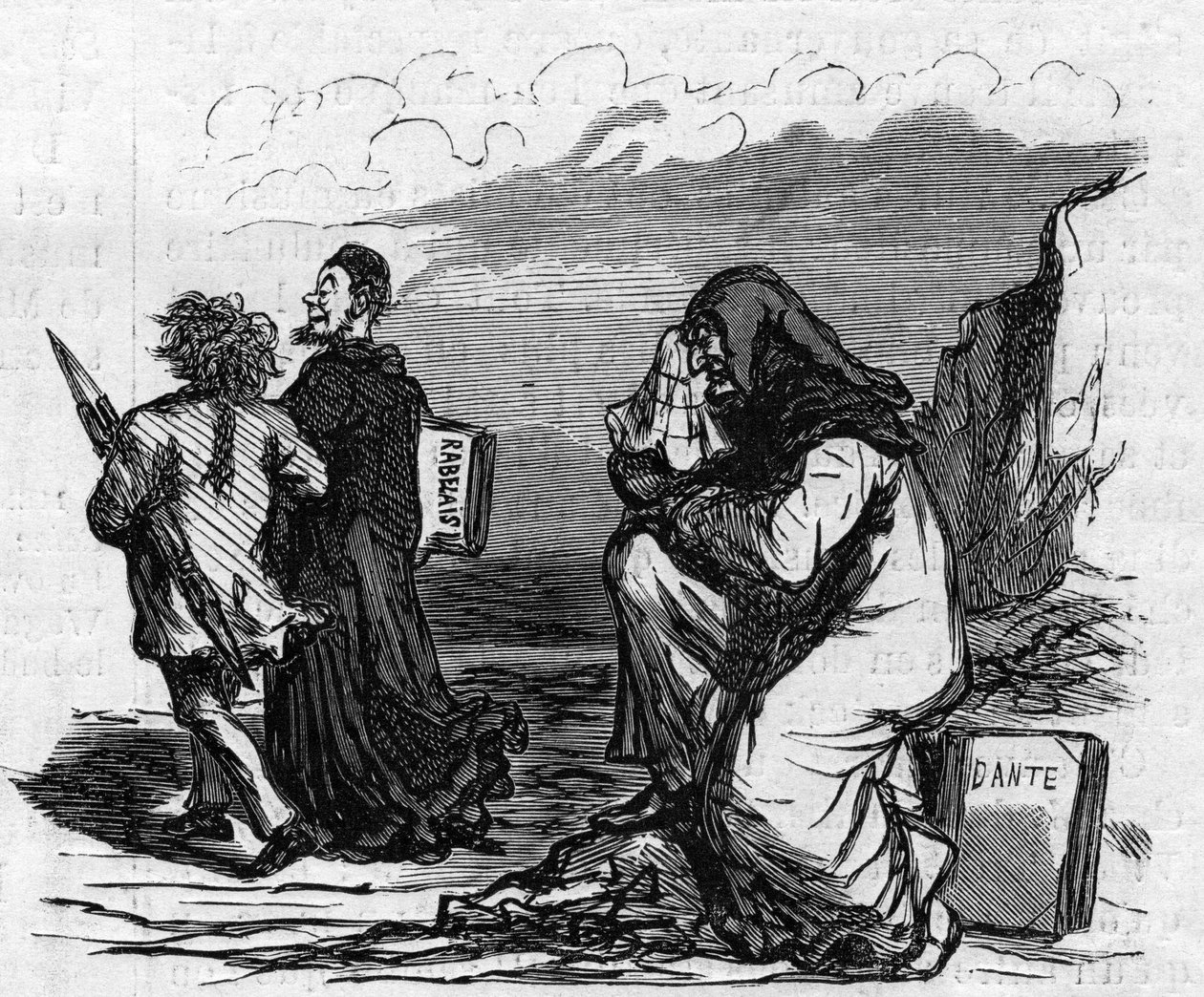 Poor Dante starts crying when he sees Gustave Dore with Rabelais (cartoon) by Amédée de Noé
