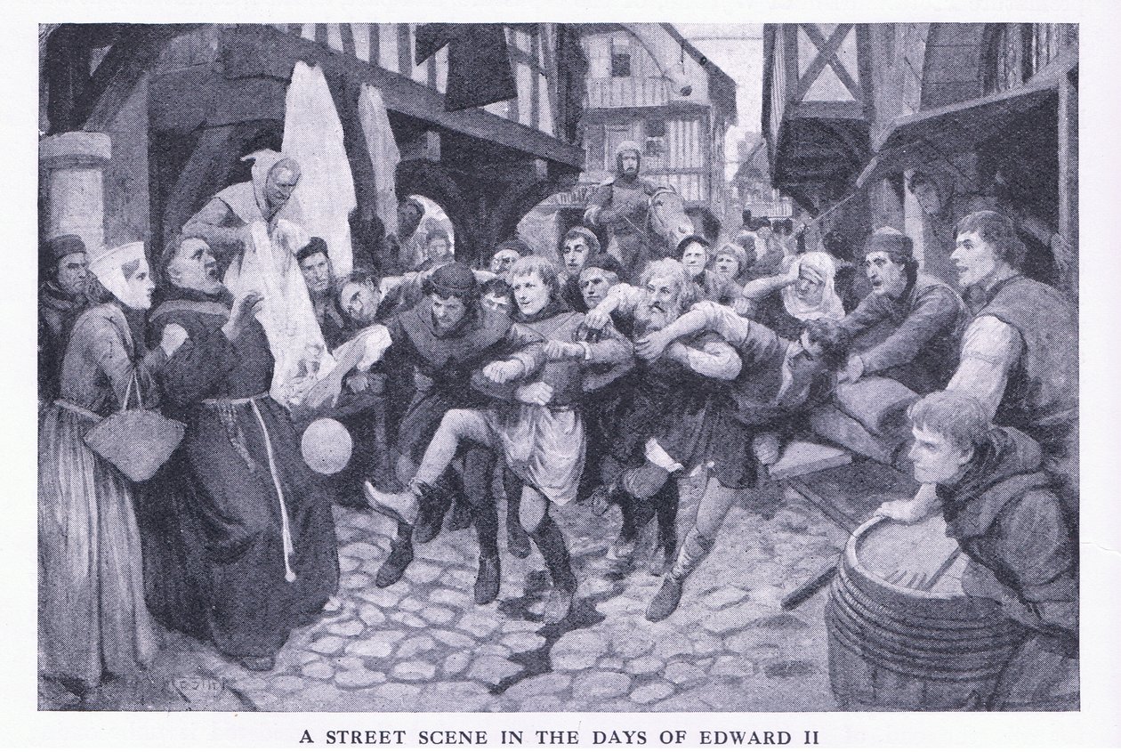 A street scene in the days of Edward II by Amedee Forestier