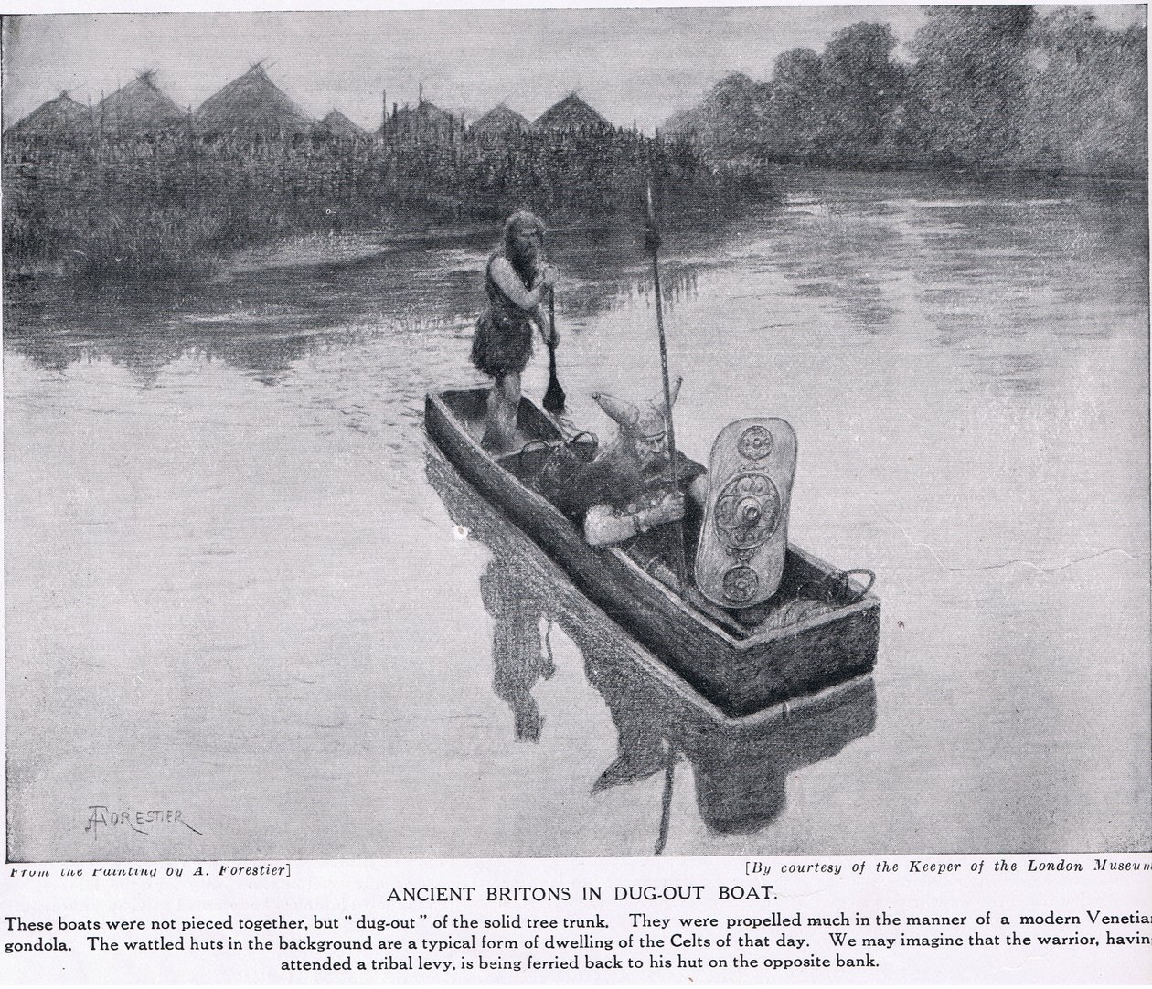 Ancient Britons in dug-out boat, illustration from 