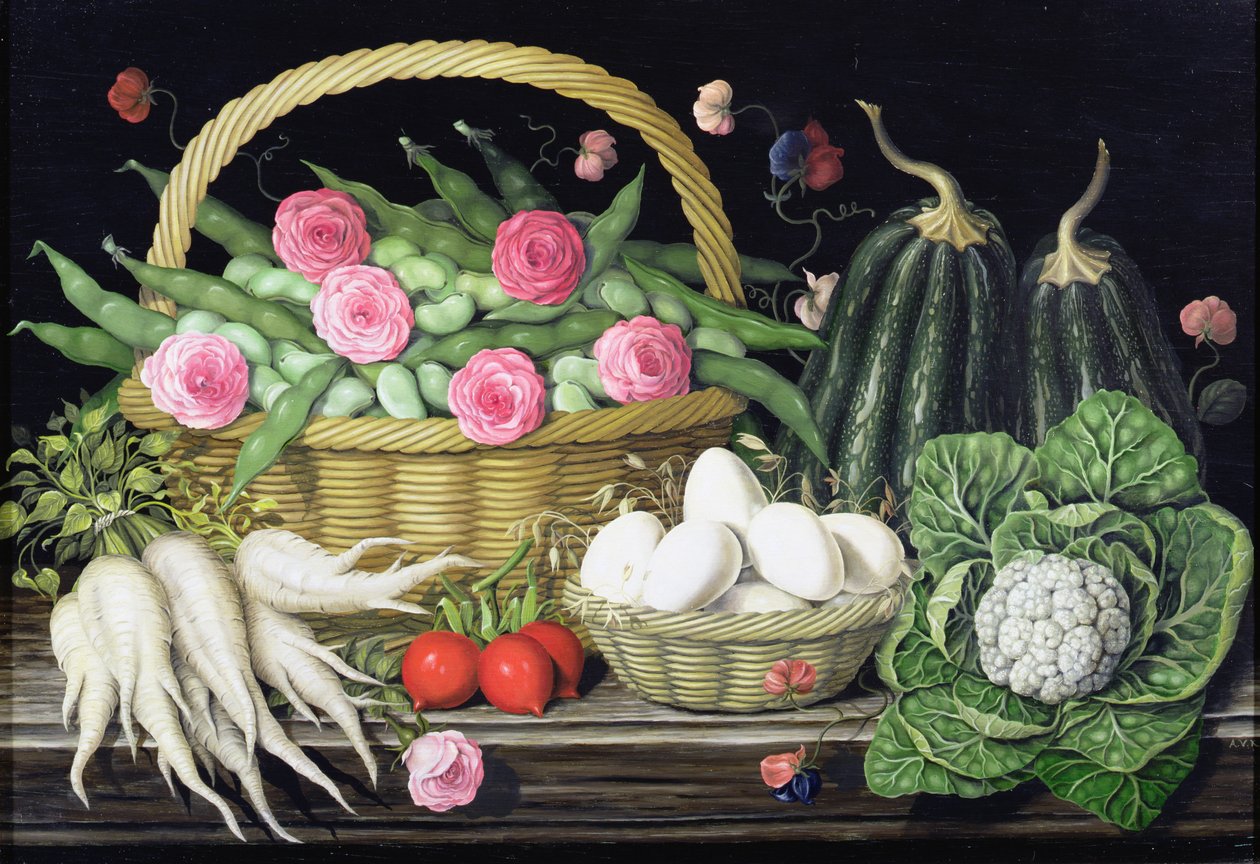 Eggs, broad beans and roses in basket, 1995 by Amelia Kleiser