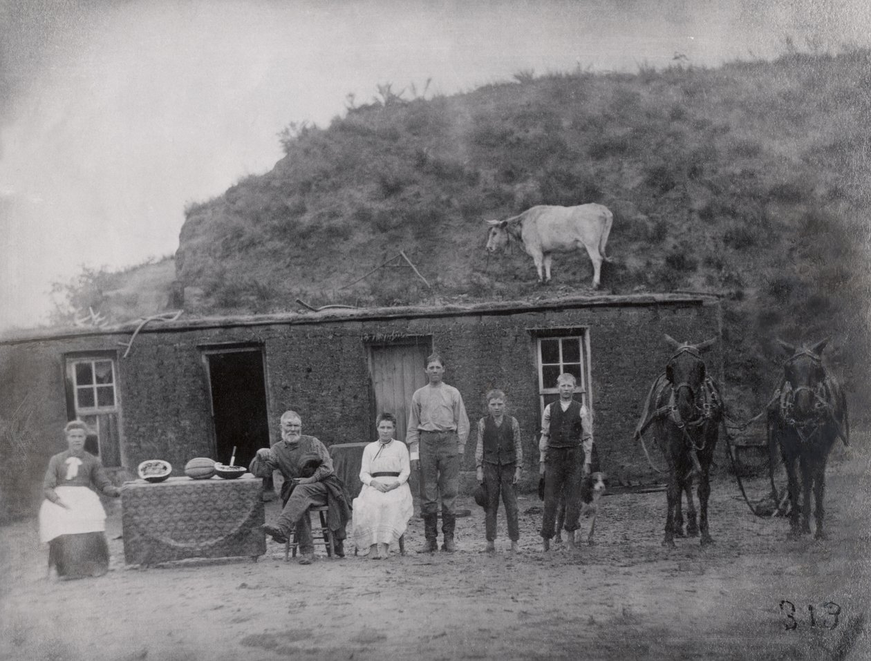 American pioneer family in front of their home by American Photographer