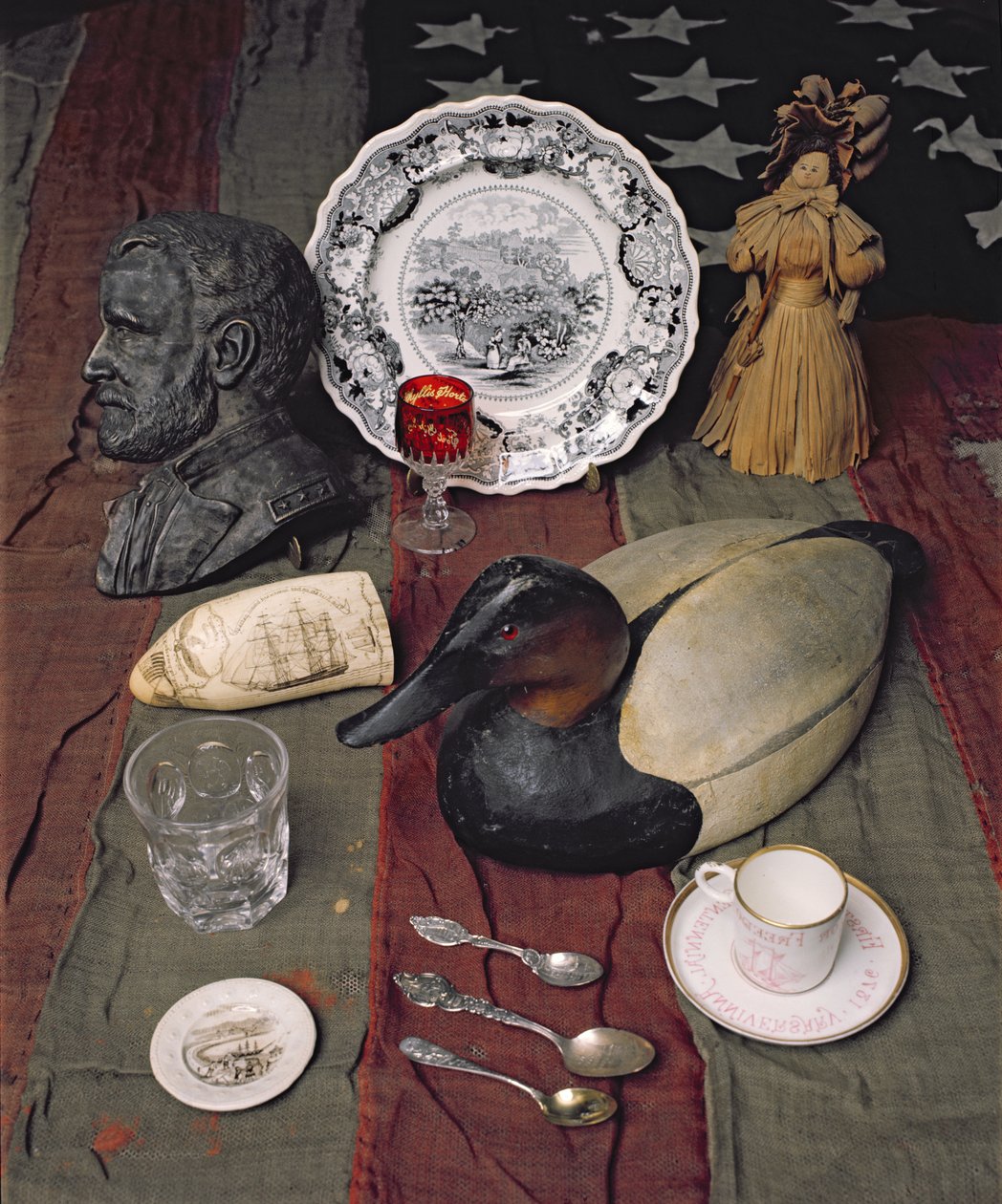 Collection of objects, including a commemorative cup and saucer of the Declaration of Independence, 1776 by American School