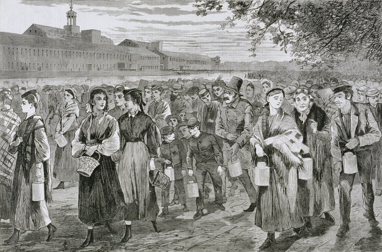 Men and women leaving the mill after work, carrying lunch-pails, 1868 by American School