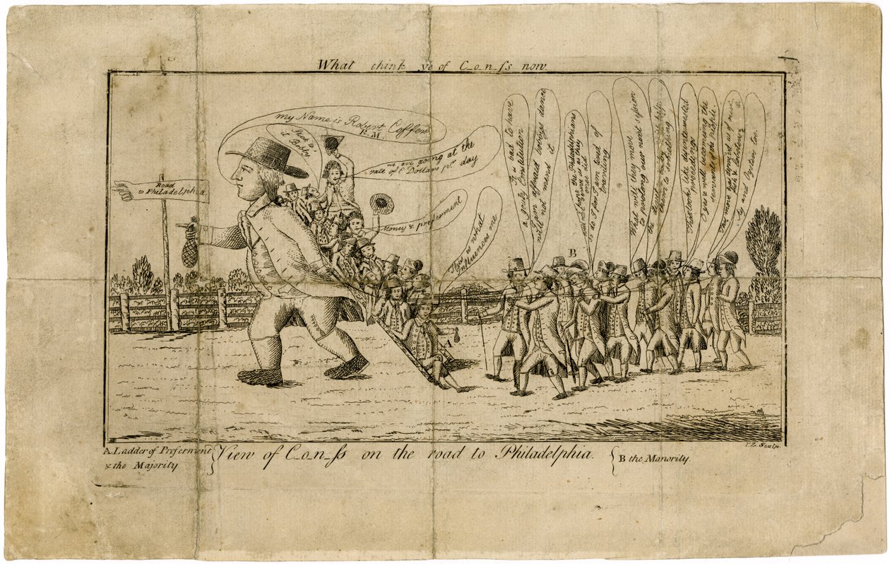 What Think Ye of Congress Now? View of Congress on the road to Philadelphia A. Ladder of Preferment & the Majority--B. the Minority, 1790 by American School