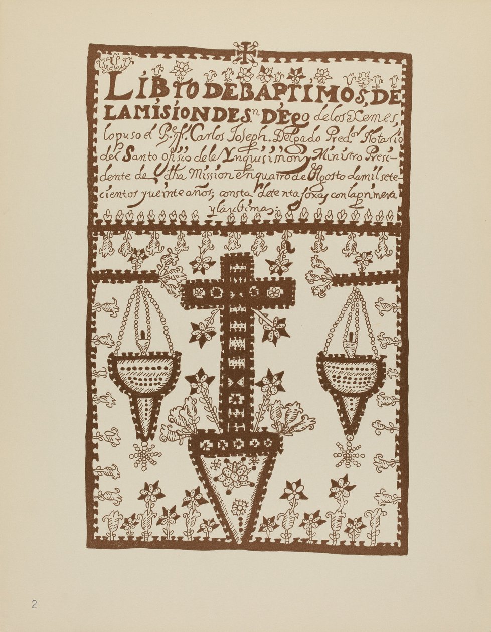 Plate 2: Jemez Book of Baptisms: From Portfolio "Spanish Colonial Designs of New Mexico" by American 20th Century