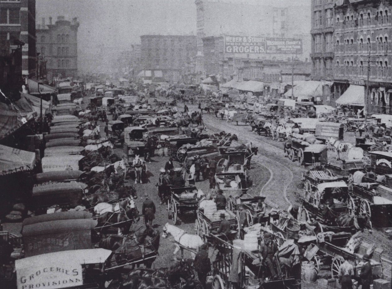 Haymarket Square packed with horse-drawn carriages, Chicago by American Photographer