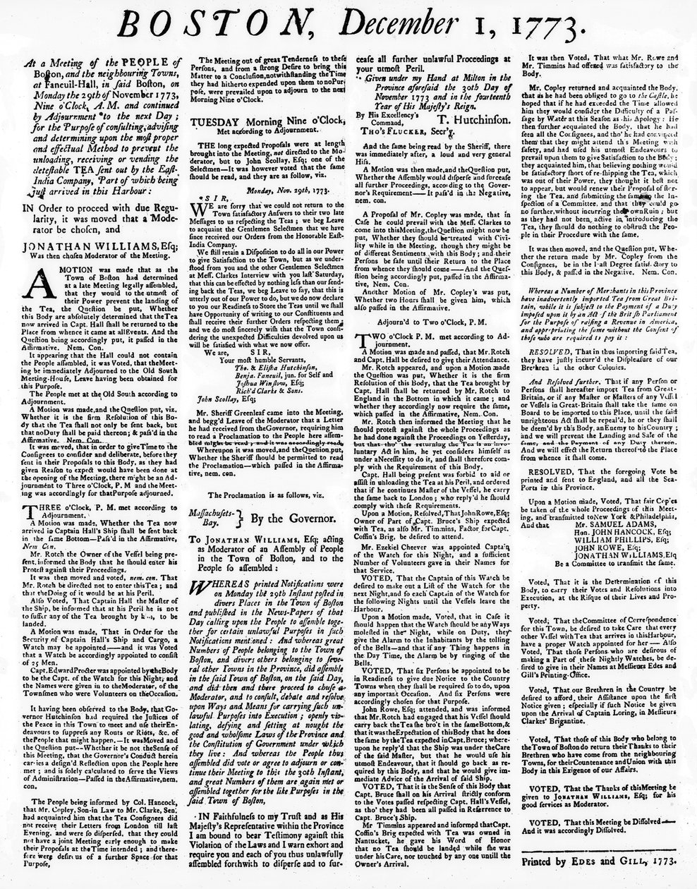 A Broadside Newspaper Detailing the Events of the Boston Tea Party, December 1773 by American School