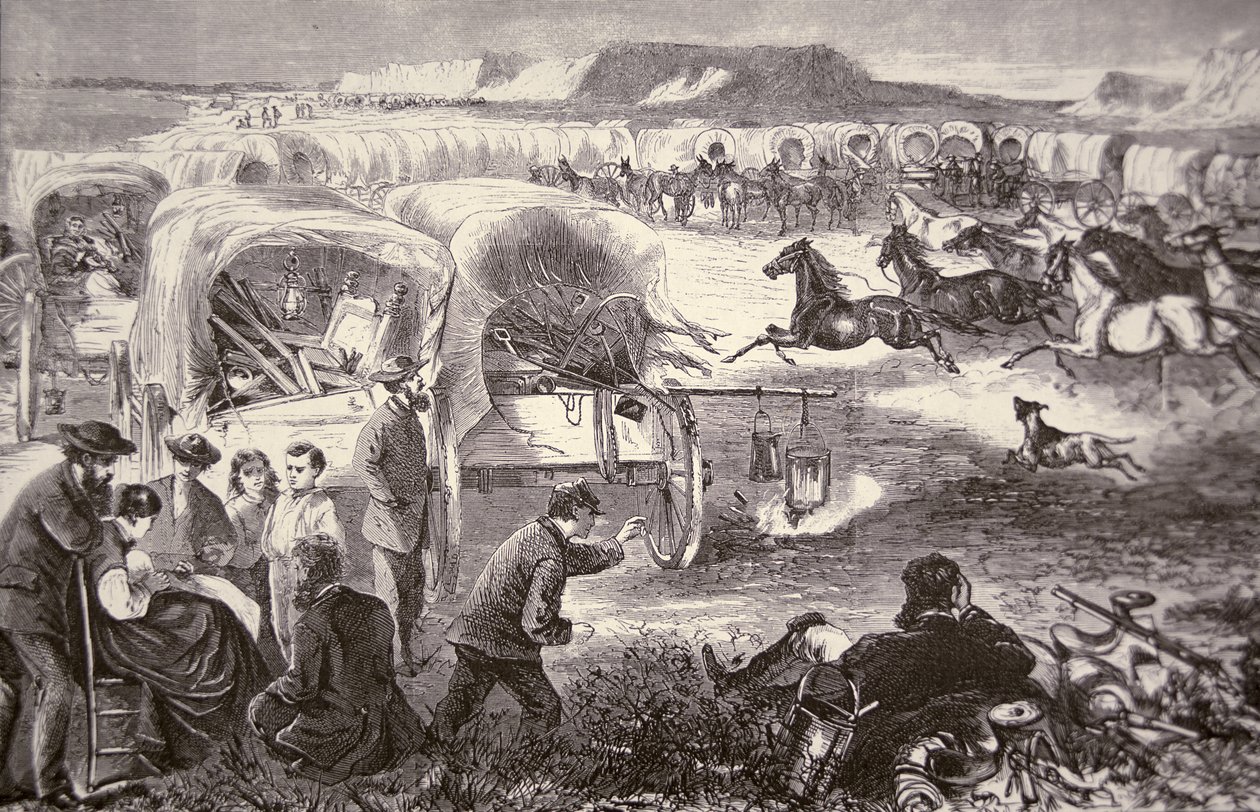 A Wagon Train Formed into a Corral on the Oregon Trail by American School