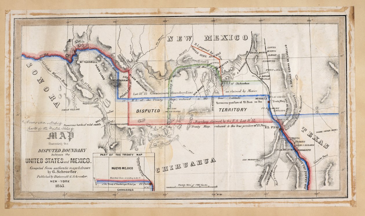 A map illustrating the disputed boundary between the United States and Mexico by American School