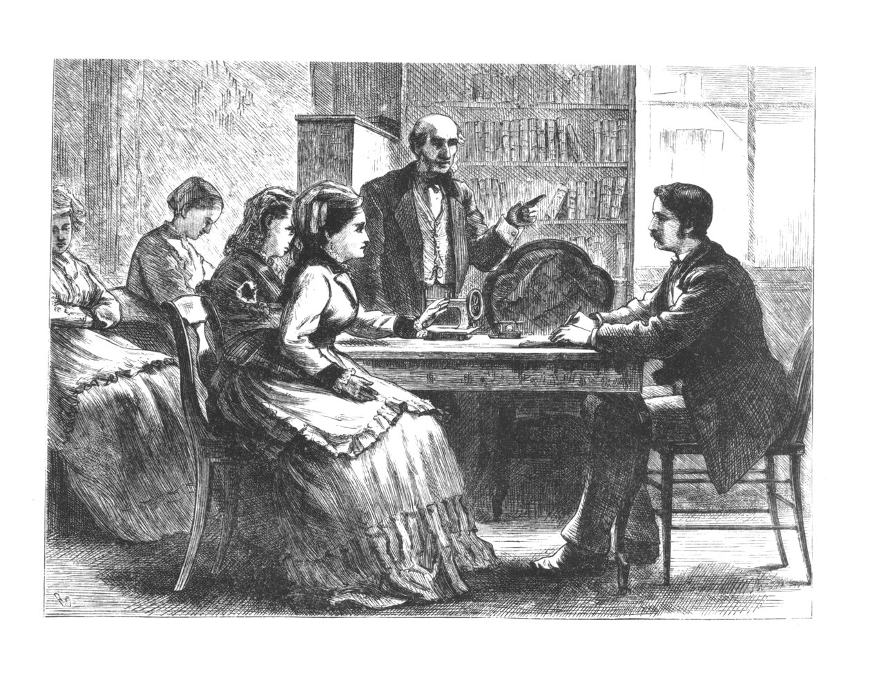 A Woman Negotiates with a Factory Manager, Assisted by an Advisor from Susan B. Anthony