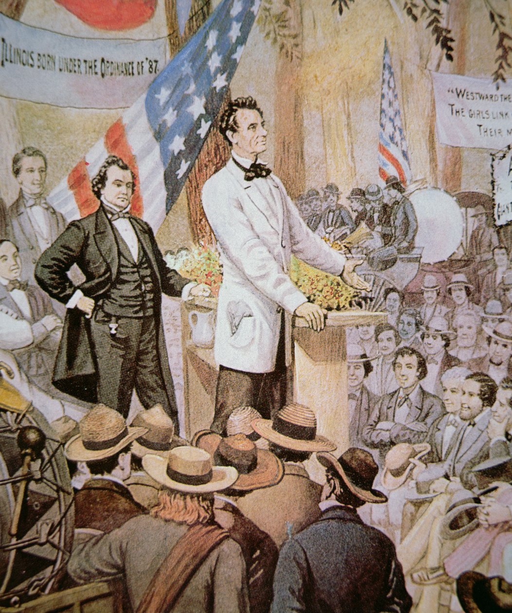 Abraham Lincoln (1809-65) in public debate with Stephen A. Douglas (1813-61) in Illinois by American School