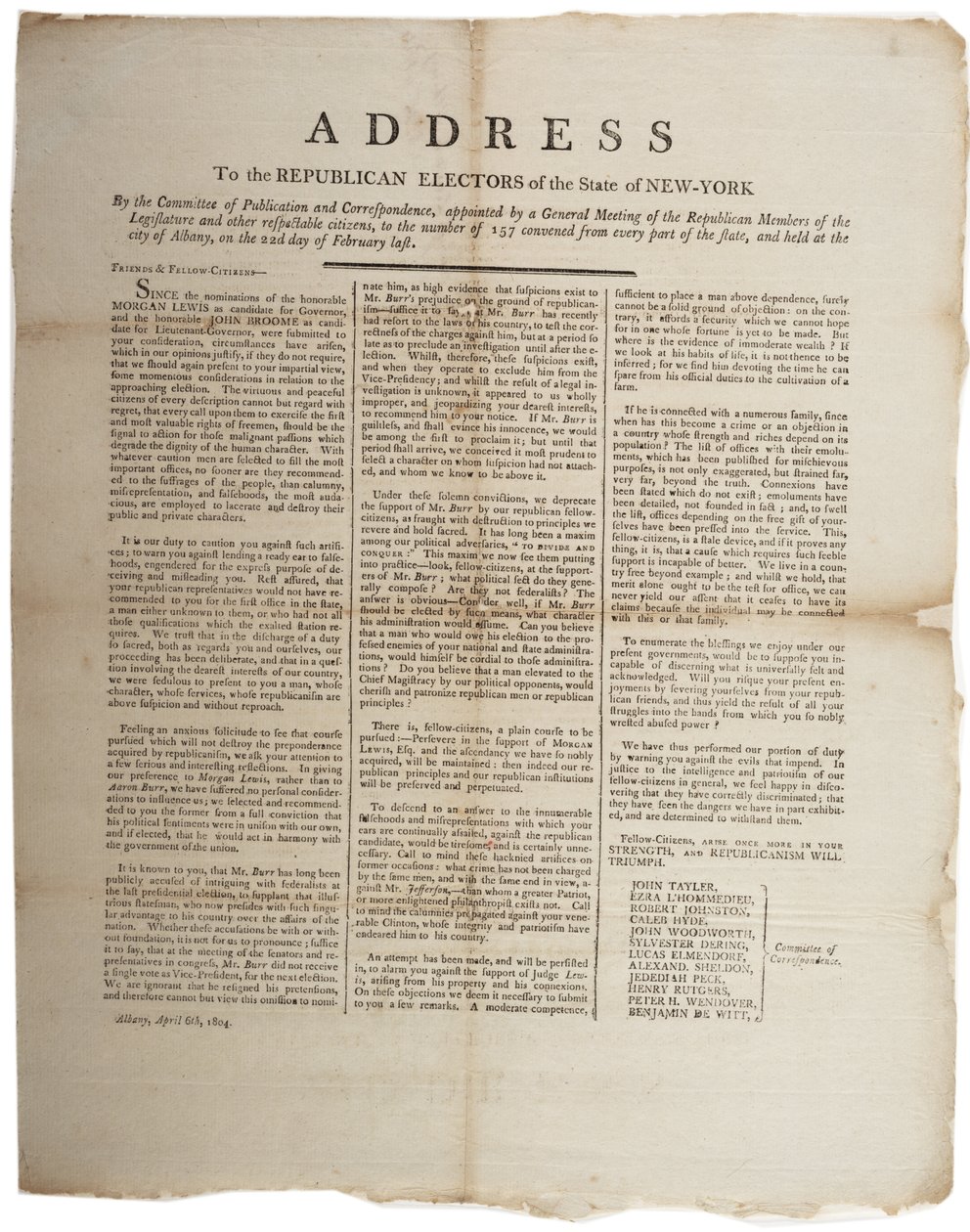 Address to the Republican Electors of the State of New York, 6th April 1804 by American School