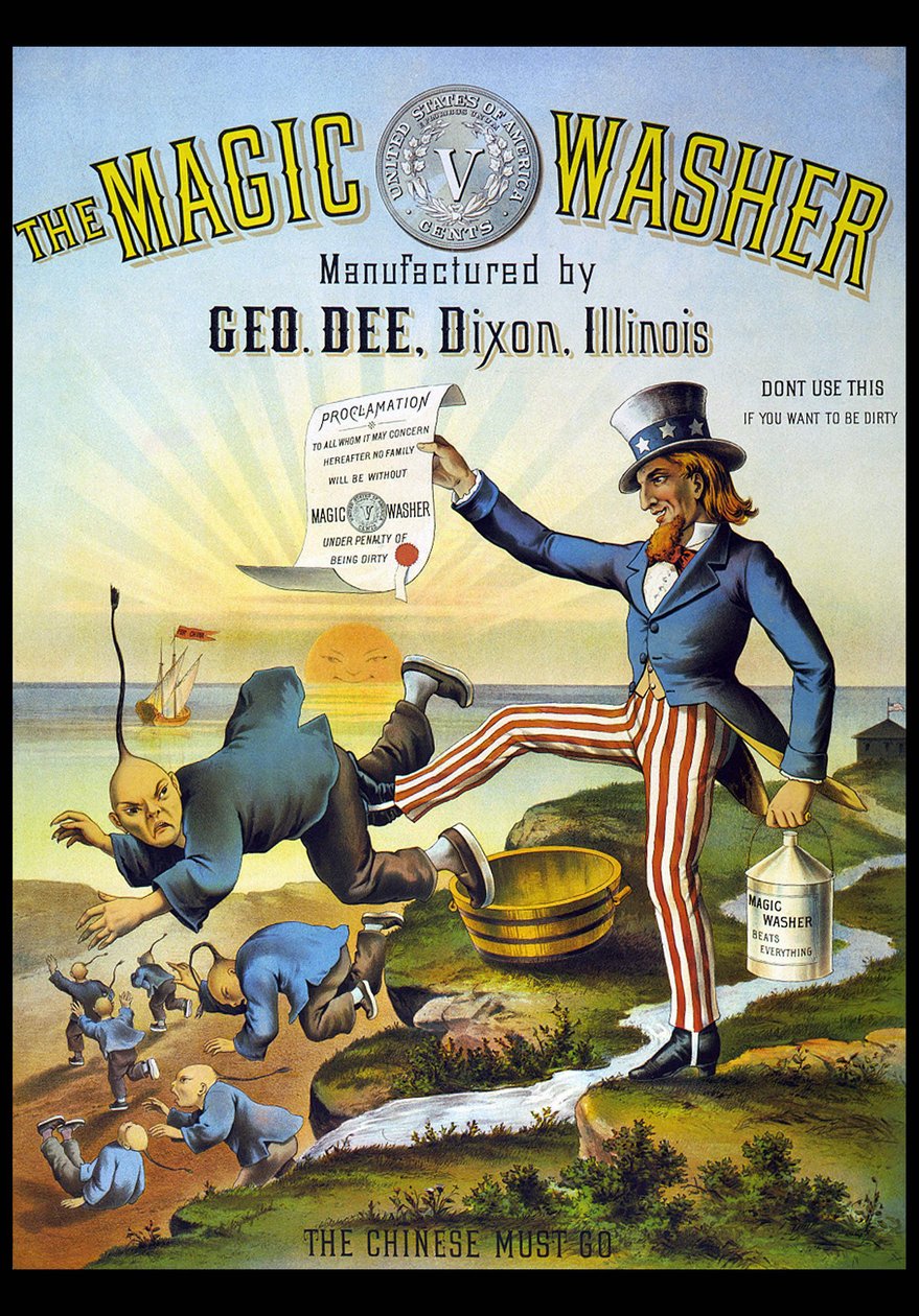 Advertising for a cleaning product depicting Uncle Sam hunting a Chinese by American School