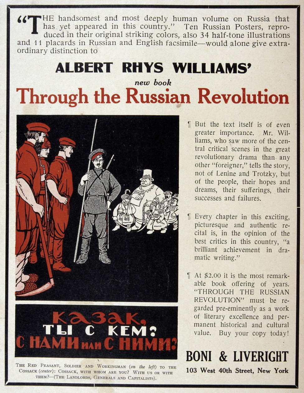 Advertising for the sale of the book The Russian Revolution by Albert Rhys Williams in an American magazine by American School