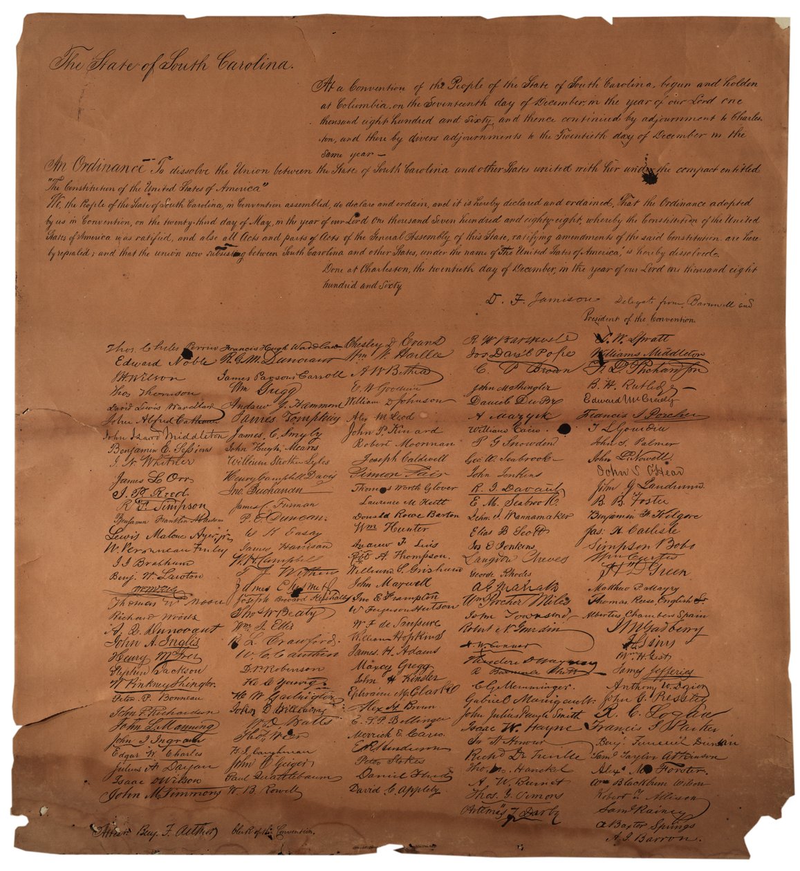An Ordinance to Dissolve the Union Between the State of South Carolina, 20th December 1860, Printed 1861 by American School
