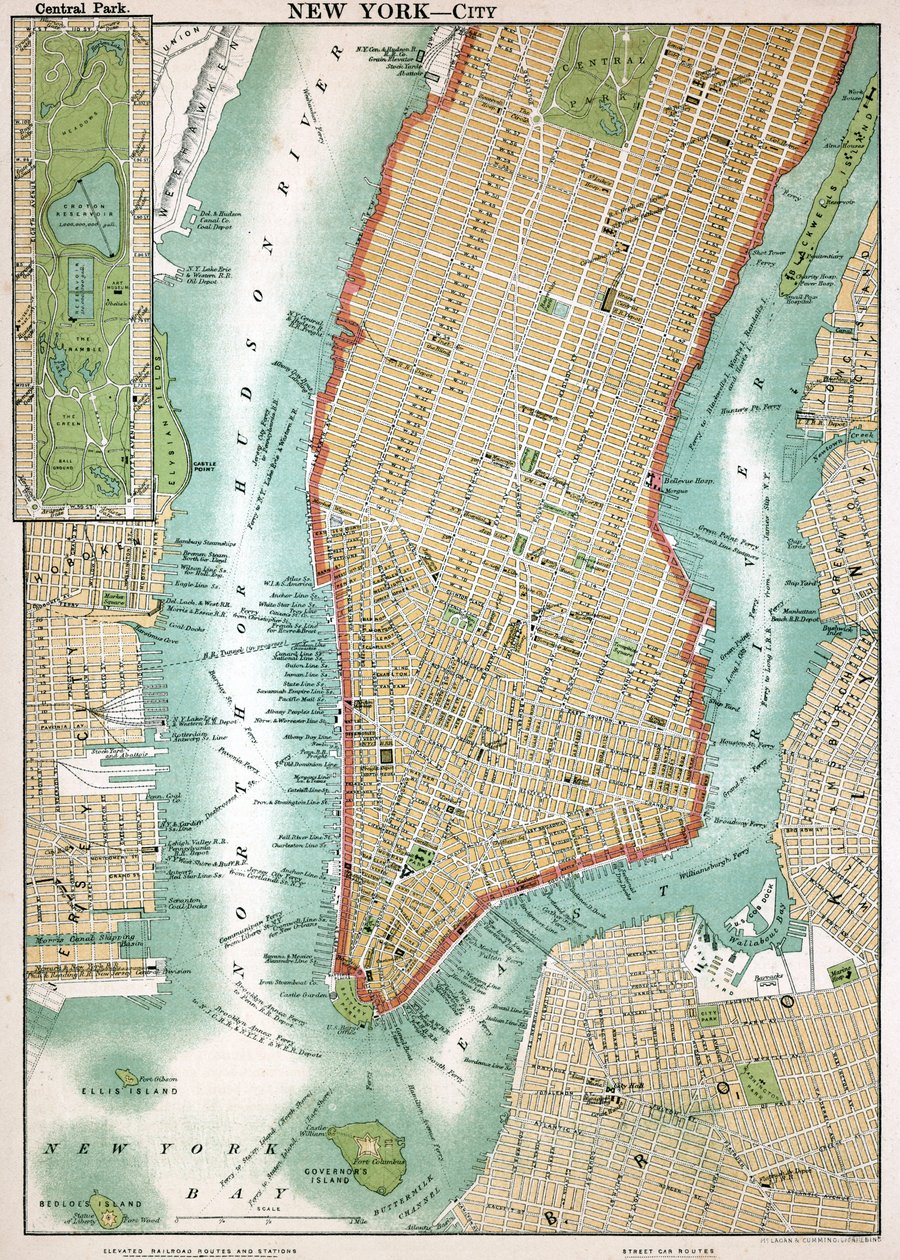 Antique Map of Lower Manhattan and Central Park by American School